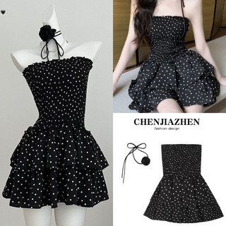 Đầm chấm bi cúp ngực xoè tầng tiểu thư sang chảnh kèm rocker hoa hàng QC