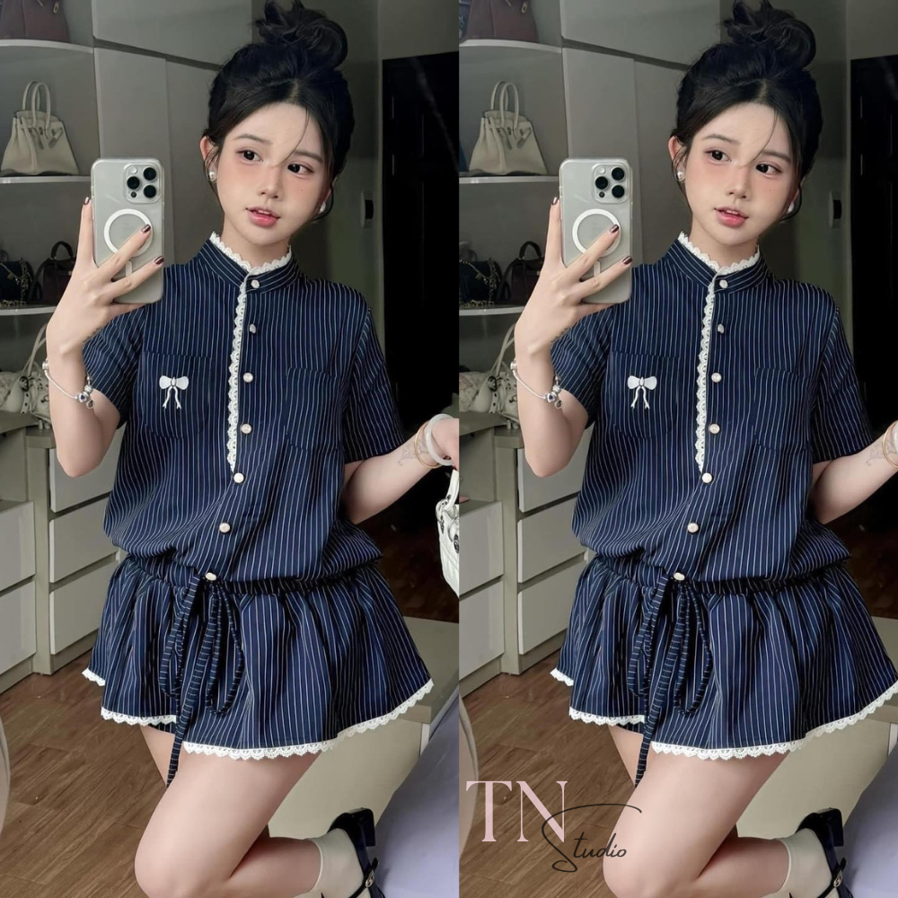 Váy Nữ - Set Jumpsuit Cộc Tay Cổ Tàu Cúc Đồng Đính Viền Ren Kèm Quần Phong Cách Tiểu Thư Siêu Xinh