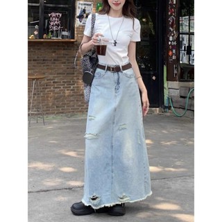 Chân váy jean nữ dáng dài chữ A cạp cao, chân váy midi VIOLE dài qua gối C70