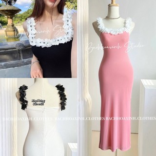 SẴN MÚT | Đầm body 2 dây hoa nổi XẺ TÀ form midi dự tiệc sang trọng tiểu thư nhẹ nhàng