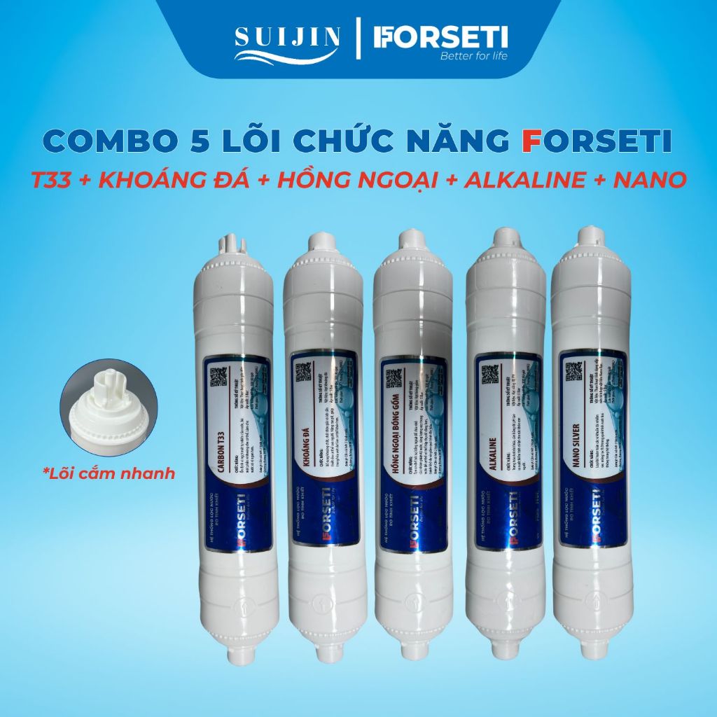 Combo 5 Lõi Chức Năng FORSETI Gồm Carbon T33, Khoáng Đá, Hồng Ngoại, Alkaline, Nano Silver Thay Thế Được Cho Máy Lọc RO