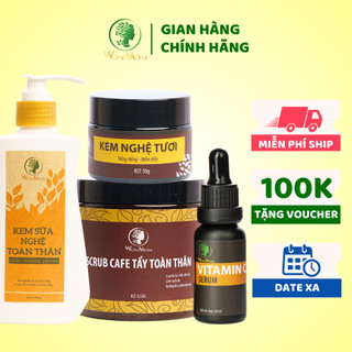 Bộ trắng da mặt và body toàn diện Wonmom ( Serum vitamin C + Kem nghệ tươi + Kem sữa nghệ toàn thân + Scrub café body )