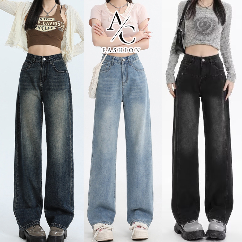 Quần jean nữ ống suông wash màu RETRO cạp cao Avocado, Quần bò ống rộng lưng cao chất jean demin cao cấp nữ tính