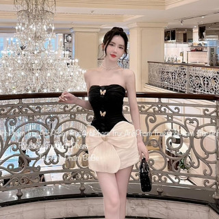 Đầm đi dự tiệc, váy dự tiệc quây cúp ngực thân đen phối chân cánh hoa đính tag hồ điệp thiết kế tiểu thư sang chảnh LEVA