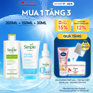 Combo Simple Nước Tẩy Trang 200ml + Sữa Rửa Mặt 150ml + Tinh chất Serum 30ml cấp ẩm sâu cho da khô