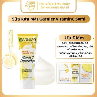 Sữa Rửa Mặt Tạo Bọt Garnier VitaminC Super Whip 50ml Dưỡng Sáng Da, Giảm Thâm Sạm - Hinohouse