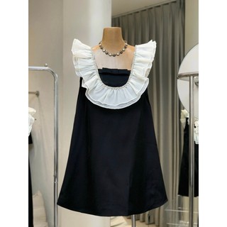 [quà cột tóc] đầm ngắn màu đen dáng suông babydoll bèo trắng đính viền đá xinh freesize 1L15