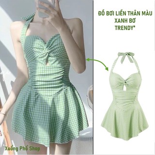 Đồ bơi liền thân nữ, Bikini dạng đầm sọc Caro #8429 Vải Thun 4 Chiều