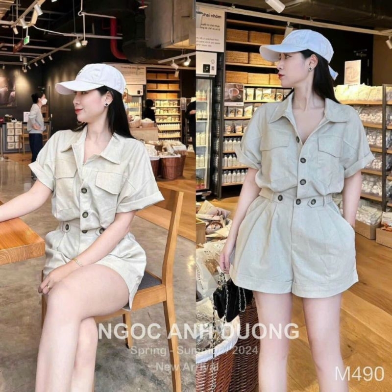 Bộ jum kaki mềm ngắn thời trang nữ, jum tay ngắn cổ sơ mi có túi phía trước,