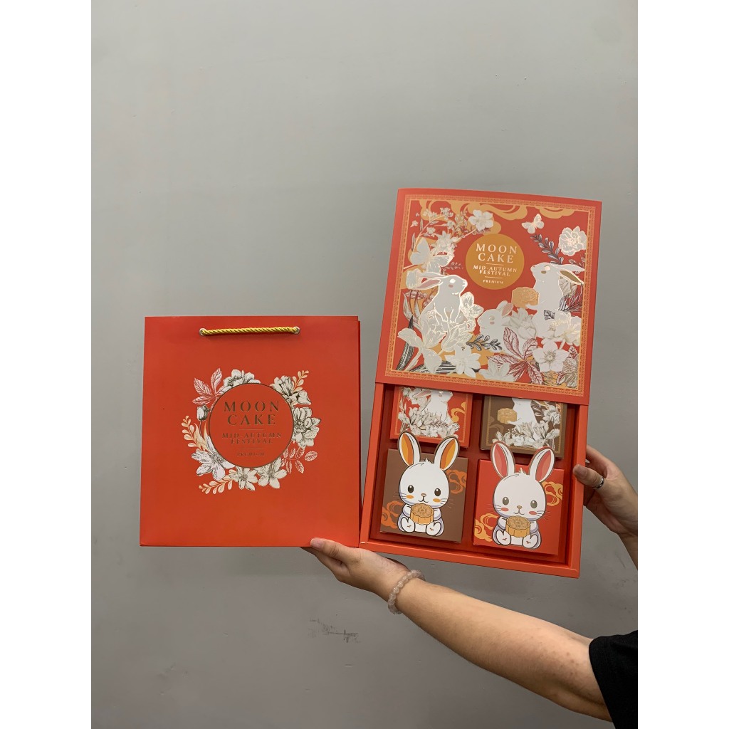 mẫu mới 2025 hộp trung thu 4 bánh/vỏ hộp trung thu 4 bánh mẫu thỏ cam 150gr-250gr hàng có sẵn