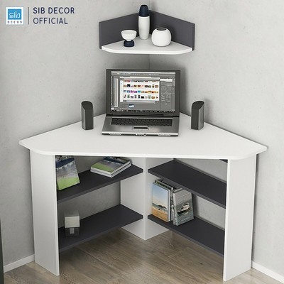 Bàn Làm Việc Gỗ Kèm Kệ Treo Góc Tường Màu Trắng Phối Đen Hiện Đại Thương Hiệu SIB Decor BLV109