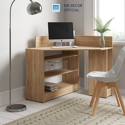 [Giao lắp tại TP.HCM] Bàn Làm Việc Góc Tường Màu Vân Gỗ Sồi Phối Trắng Đơn Giản Thương Hiệu SIB Decor BLV103