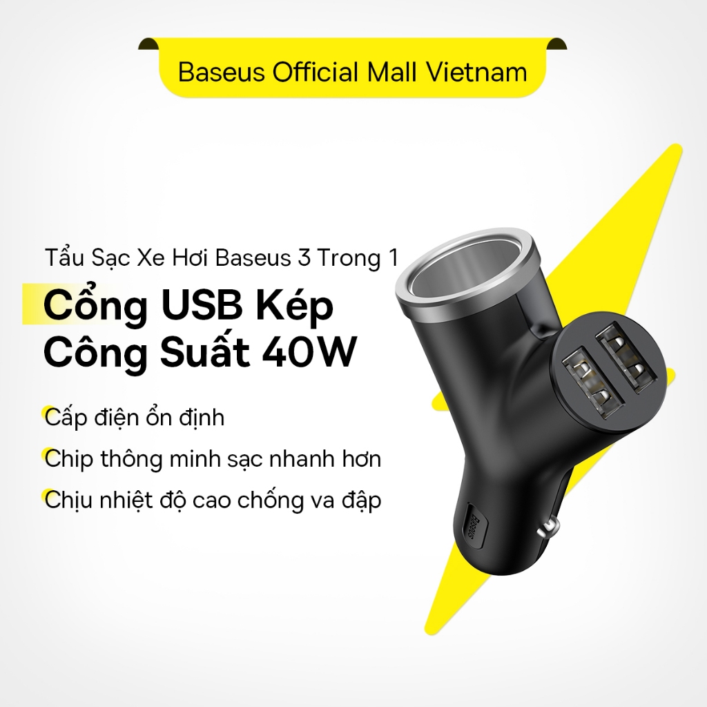 Tẩu sạc trên ô tô Baseus 3 trong 1 cho điện thoại USB kép + Bật lửa cho 3 thiết bị Tẩu Sạc Ô Tô Mở Rộng 3-in-1