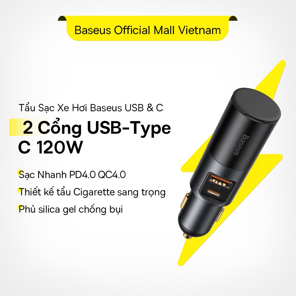 Tẩu sạc trên ô tô Baseus Tẩu Sạc Xe Hơi USB + C công suất 120W, Sạc Nhanh QC4.0 QC3.0