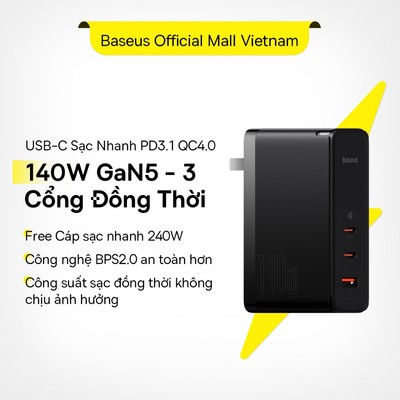 Củ Sạc Baseus 140W GaN5 USB C Sạc Nhanh PD3.1 QC4.0 Ba Cổng Sạc điện Thoại Máy Tính Xách Tay