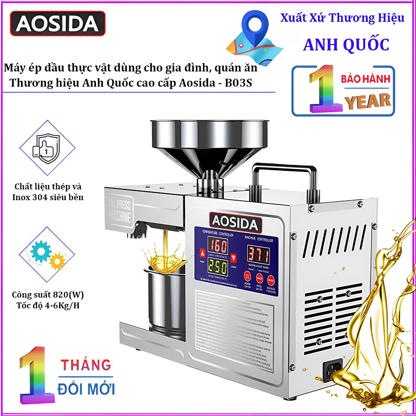 Máy ép dầu thực vật dùng cho gia đình, quán ăn. Thương hiệu Anh Quốc cao cấp Aosida - B03S