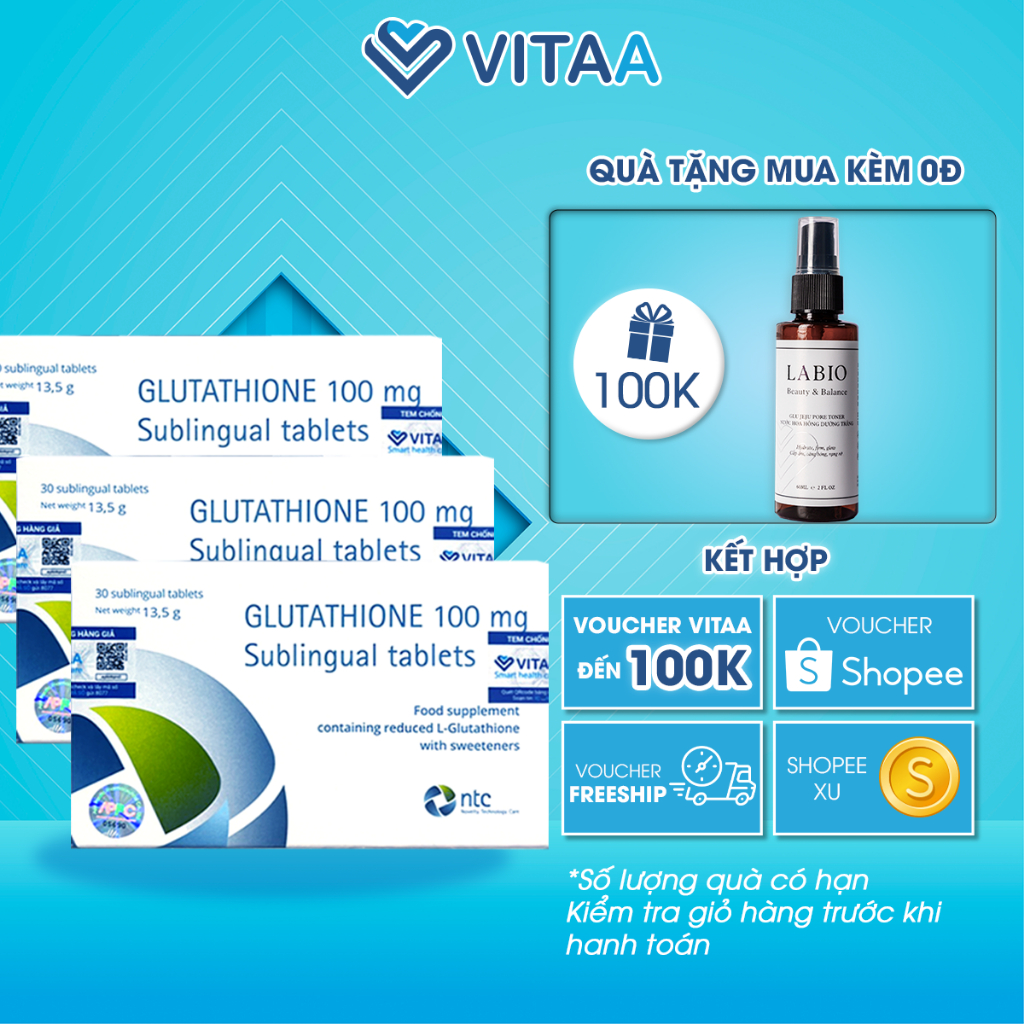 COMBO 3 HỘP Viên Ngậm Trắng Da GLUTATHIONE 100mg SUBLINGUAL TABLETS Nhập Nhẩu Italy