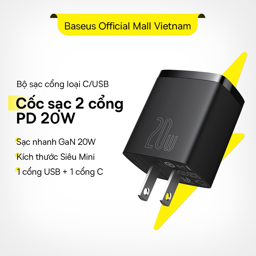 Củ Sạc Nhanh PD 20w 2 Cổng Chính Hãng Baseus QC3.0 Cục Type-C Và USB Cho iP 13 12 11 XS X XR Xiaomi