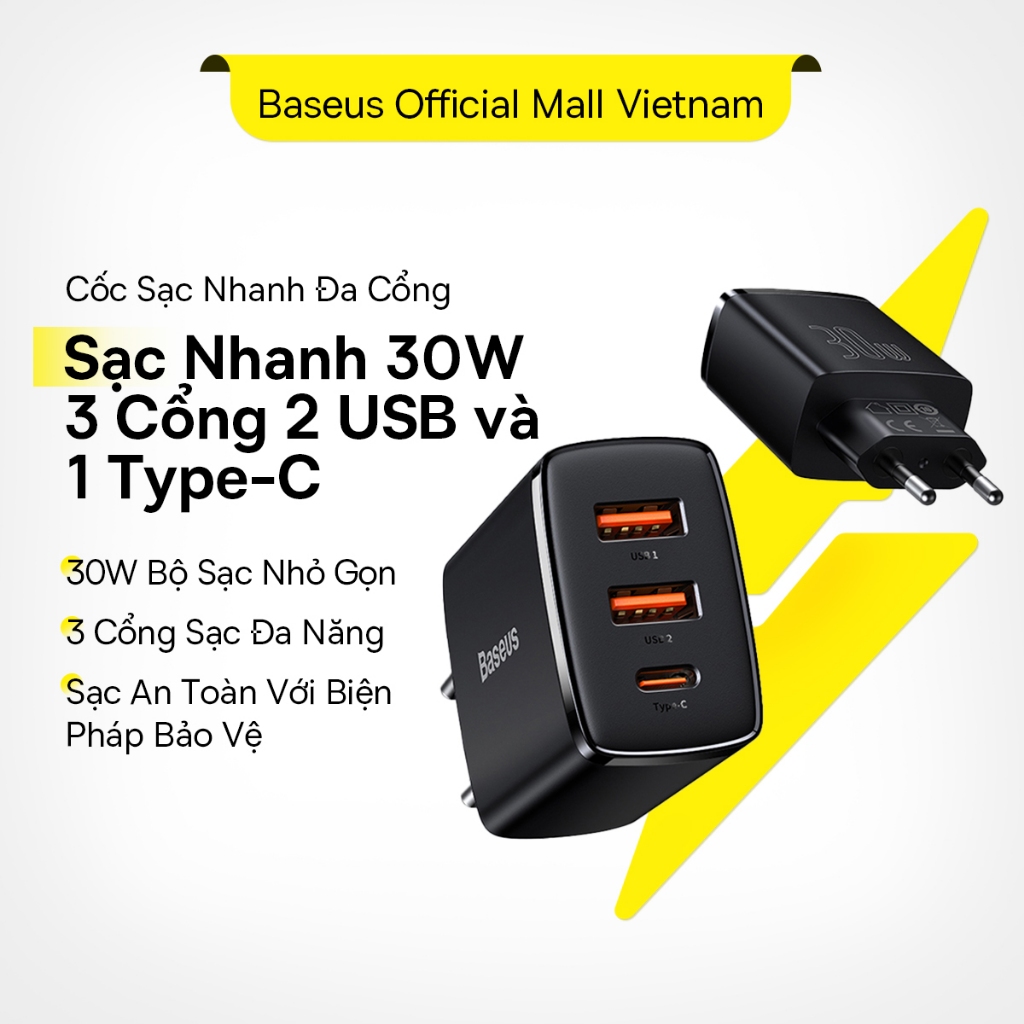 Củ Sạc Nhanh Baseus 30W PD 3 Cổng USB Type-C, 2 Cổng USB và 1 Cổng Type-C Cho Điện Thoại | BigBuy360 - bigbuy360.vn