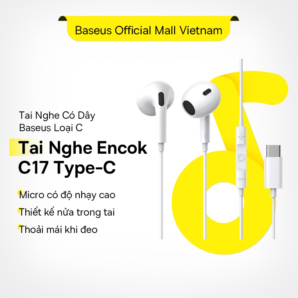 Tai Nghe Có dây H17/C17 Baseus loại C Type C Thích Hợp cho Huawei Mate 40 Samsung Xiaomi Oneplus Tai Nghe 3,5 mm có Mic