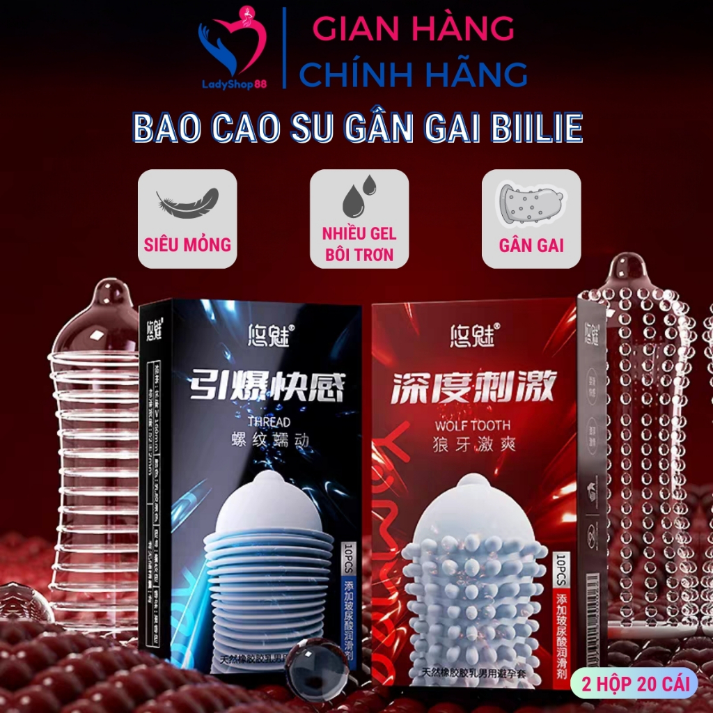 Bao cao su gân gai Biilie siêu kích thích Combo 2 Hộp 20 bao gân gai tăng khoái cảm BCS02