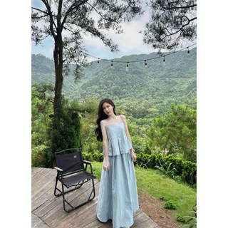 [Kim Clothing] Set denim áo hai dây peplum xếp li xoè + chân váy xoè dài có