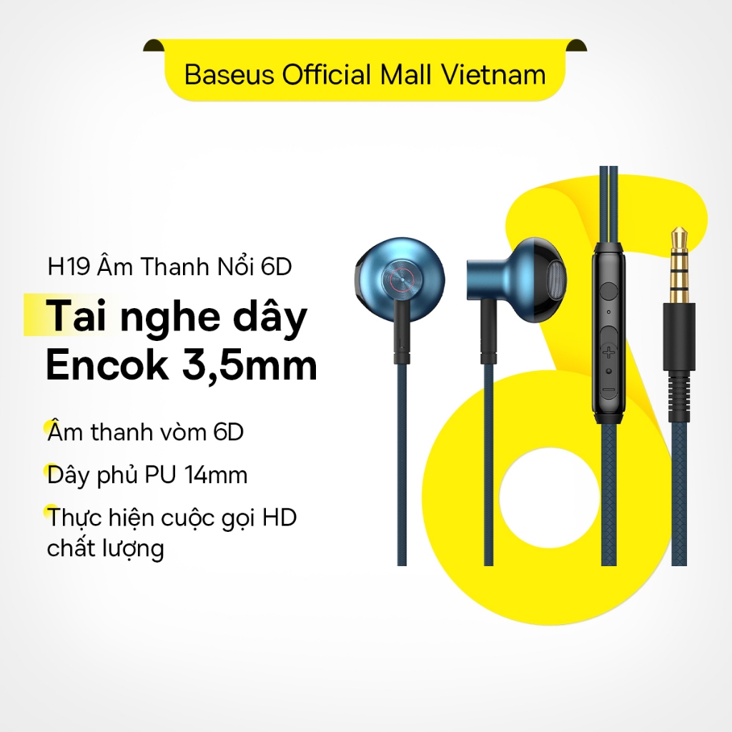 Tai nghe có dâyBaseus H19, tai nghe âm thanh nổi 6D, âm trầm, trong tai, 3,5 mm, với MIC HKW