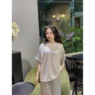 Set Bộ Áo Phông Phối Tay Mix Quần Xuông In Full Chữ Màu Xám Chất Cotton Xịn Xò