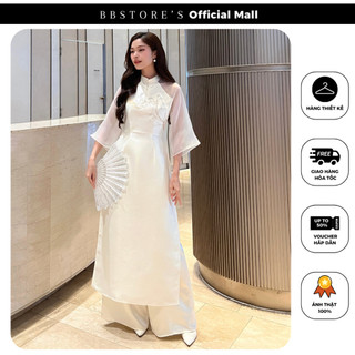 Set áo dài thêu hoa phối quần lụa dài ống rộng bbstore's -k2898