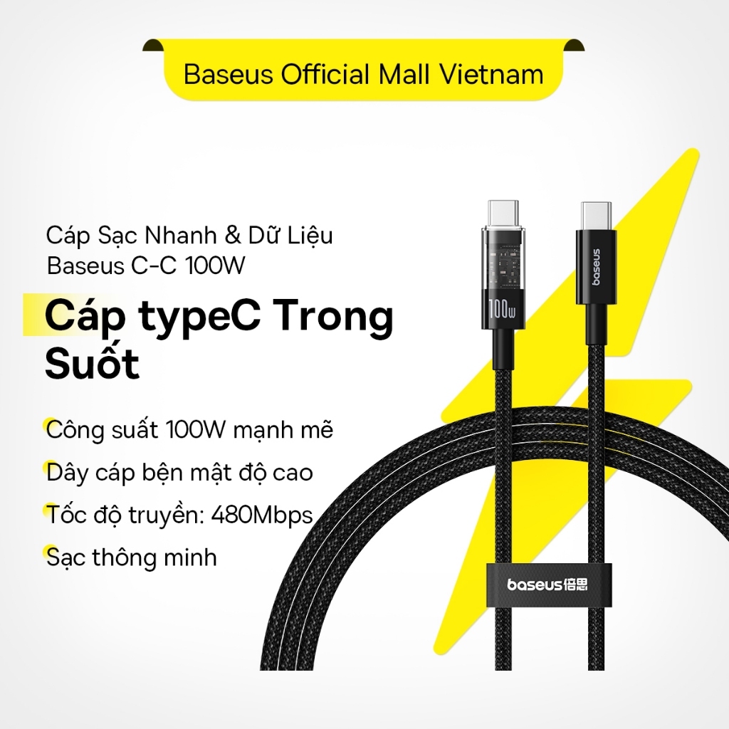Cáp sạc Baseus Gem USB-C sang USB-C PD 100W Cáp dữ liệu sạc nhanh Thiết kế trong suốt