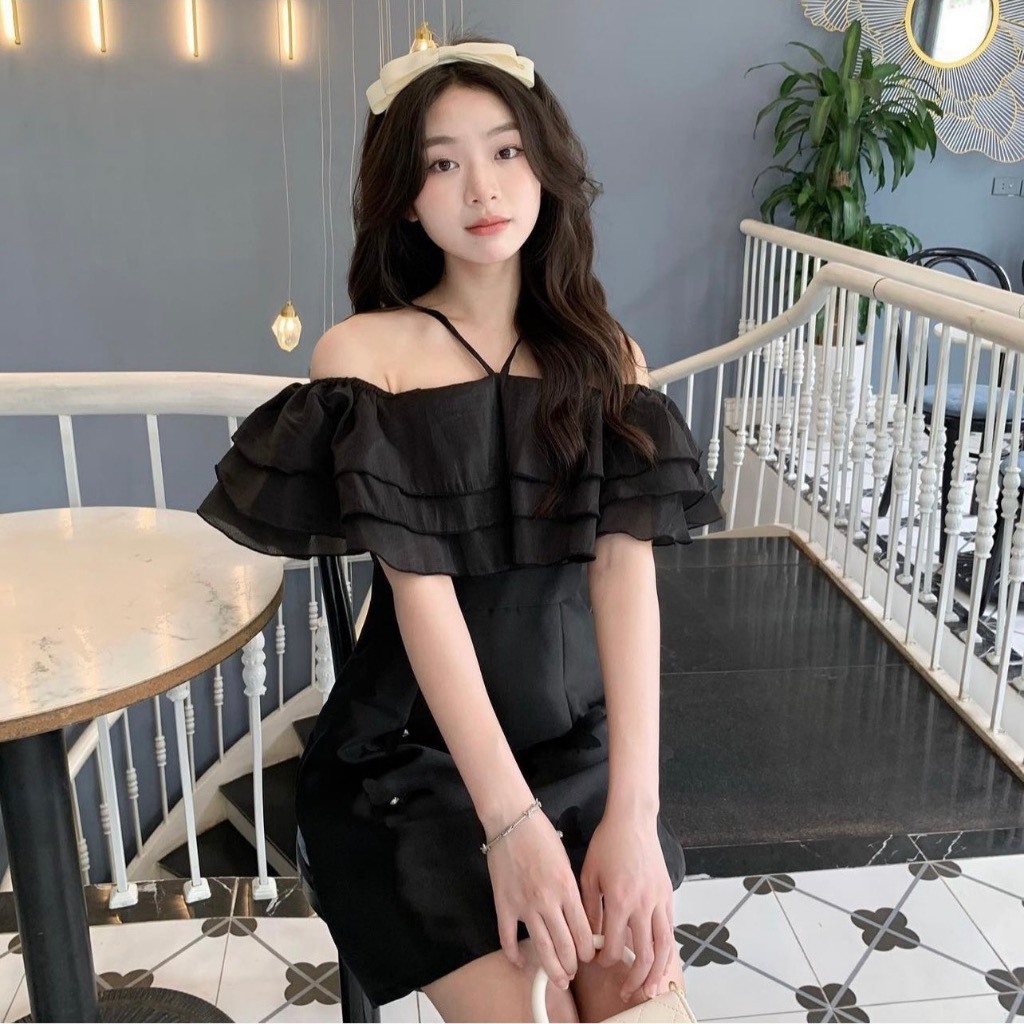 Đầm trễ vai váy trễ midi dáng siêu xinh, váy trễ vai dây yếm đính ngọc sang choảnh V249 PANOSI | BigBuy360 - bigbuy360.vn