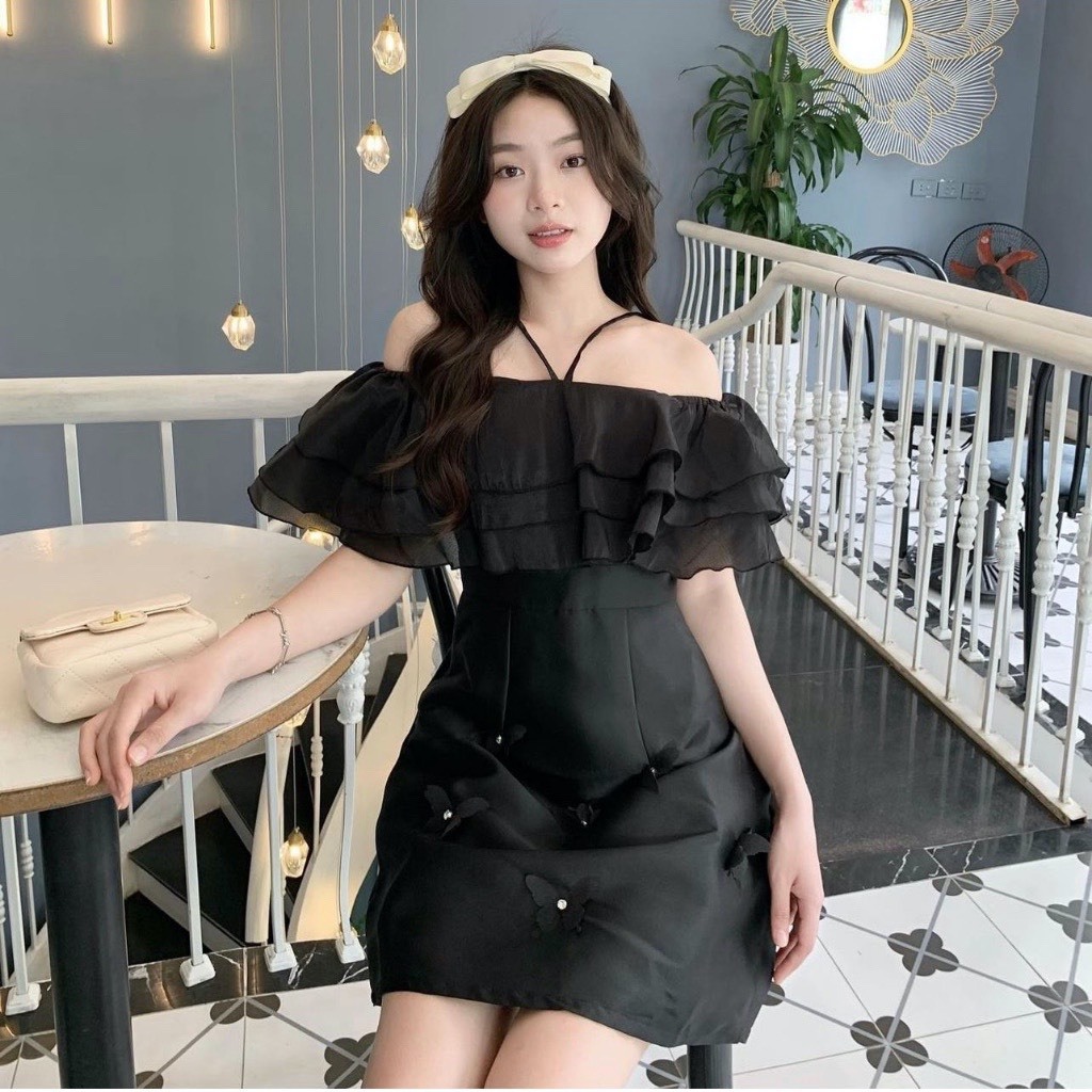 Đầm trễ vai váy trễ midi dáng siêu xinh, váy trễ vai dây yếm đính ngọc sang choảnh V249 PANOSI | BigBuy360 - bigbuy360.vn