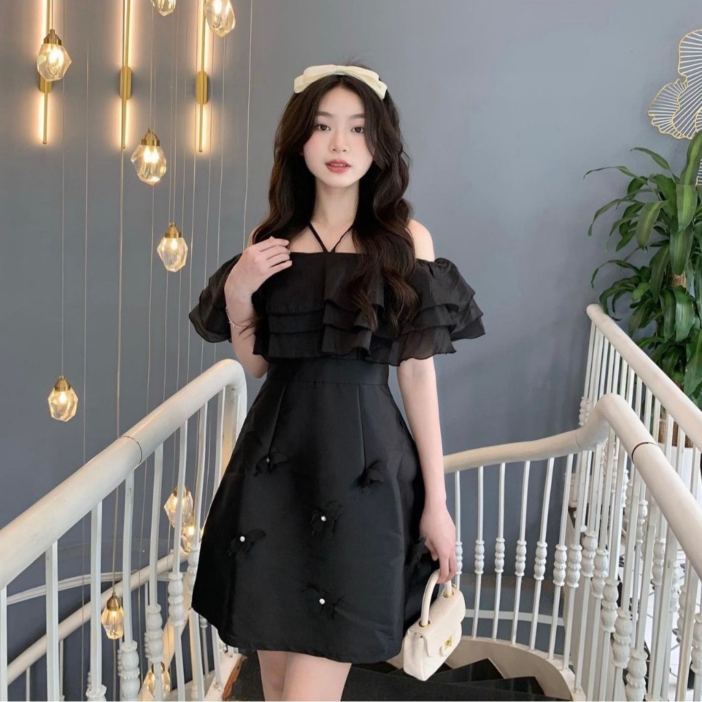 Đầm trễ vai váy trễ midi dáng siêu xinh, váy trễ vai dây yếm đính ngọc sang choảnh V249 PANOSI | BigBuy360 - bigbuy360.vn