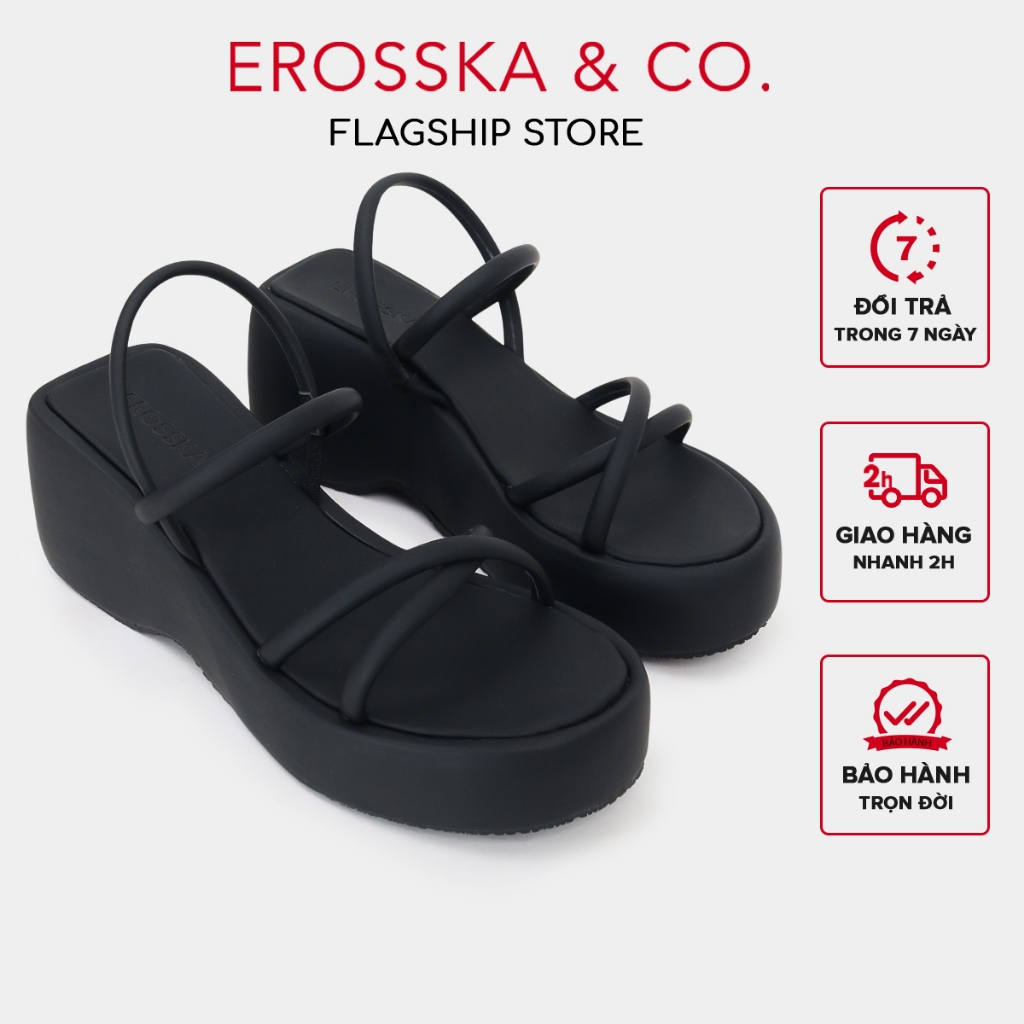 Erosska - Sandal nữ đế xuồng phối dây quai ngang dây mảnh cao 9cm màu đen - SB036