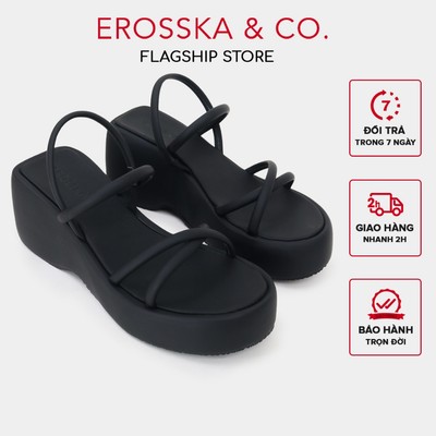 [Erosska] - Sandal nữ đế xuồng phối dây quai ngang dây mảnh cao 8cm màu đen - SB036