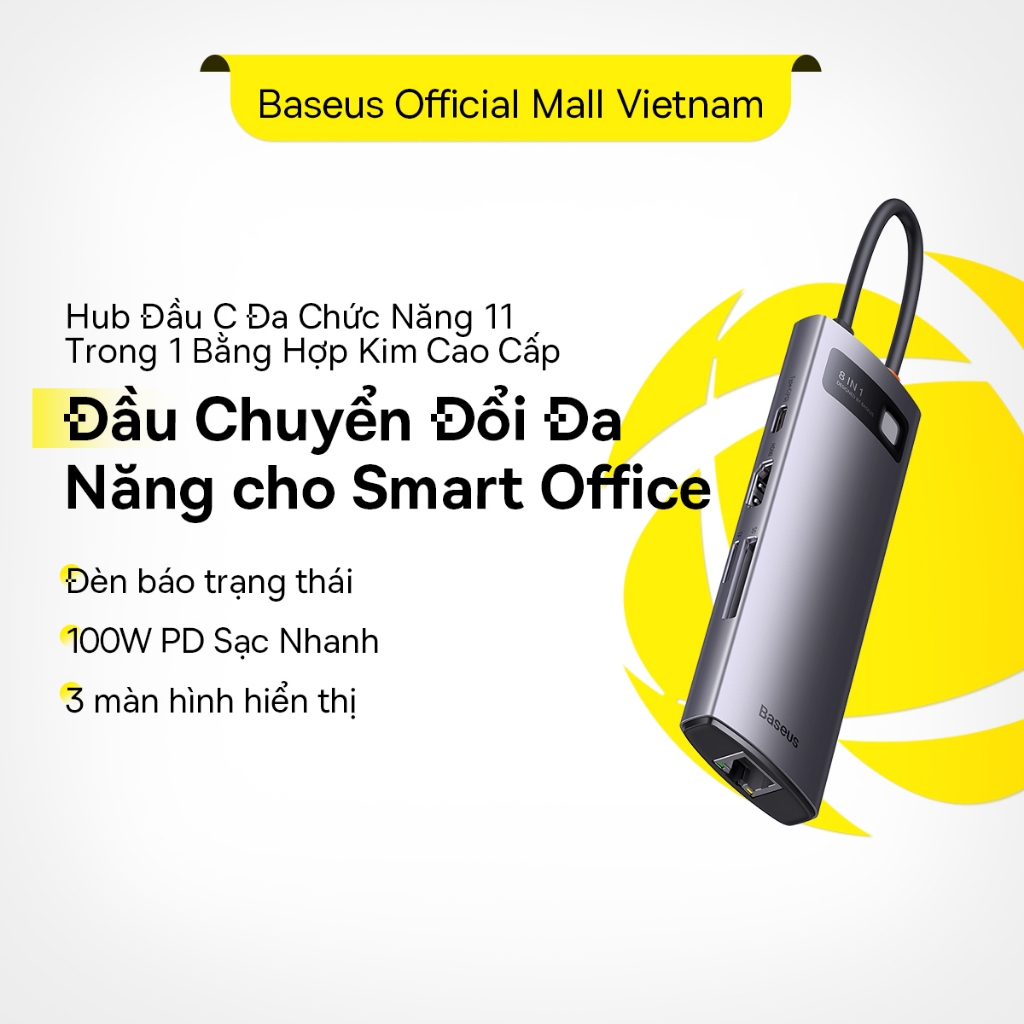 Chia Cổng Baseus 8 in 1 USB C Hub Type C sang Cổng Ethernet 4K HDMI PD 100W cho Dell USB 3.0 Xiaomi 