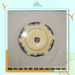 Set 5 cái dĩa dẹt phết xanh, đĩa viền hoa xanh, đĩa ăn cơm tấm, dĩa đựng đồ ăn- Vườn Nhà gốm