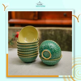 Set 5 cái chén ăn cơm màu men xanh ngọc, bát ăn cơm, gốm nam bộ- Vườn Nhà Gốm