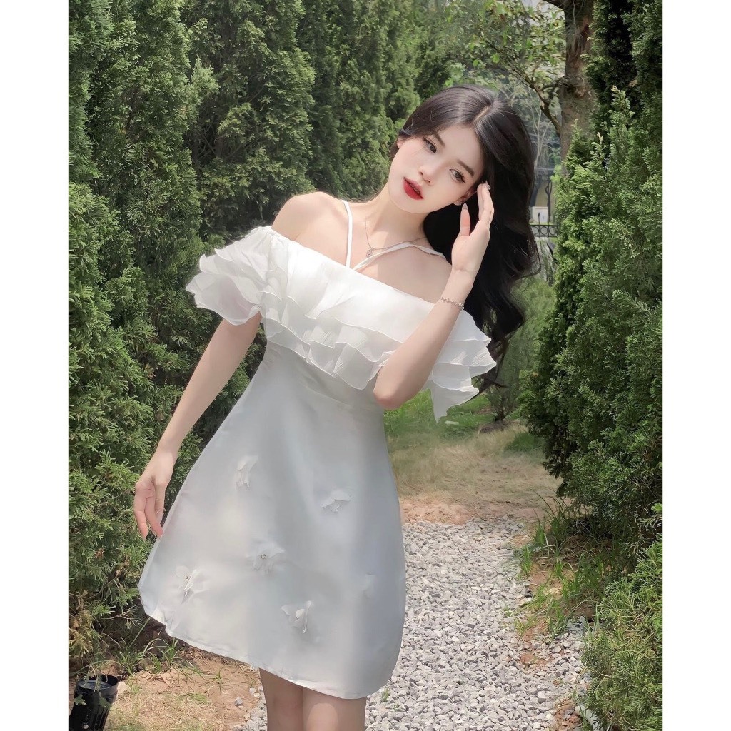 Đầm trễ vai váy trễ midi dáng siêu xinh, váy trễ vai dây yếm đính ngọc sang choảnh V249 PANOSI | BigBuy360 - bigbuy360.vn