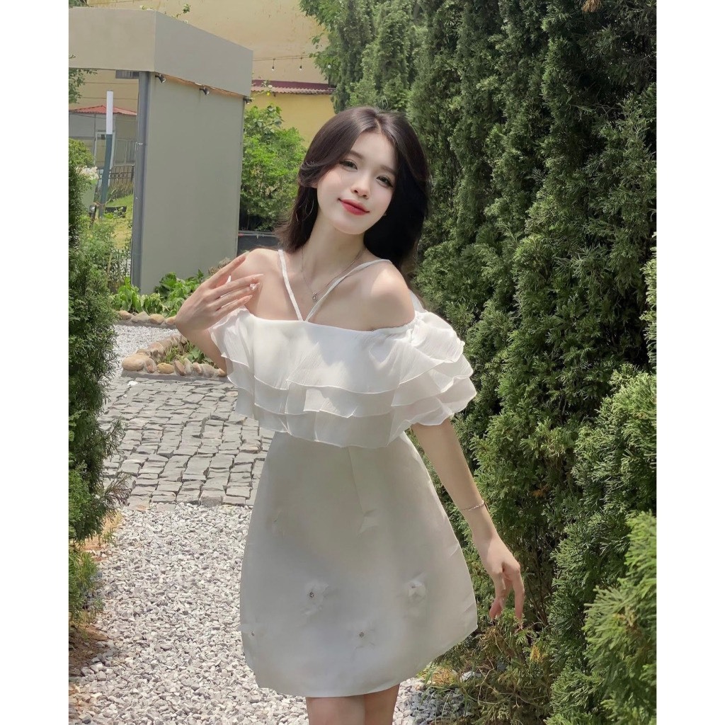 Đầm trễ vai váy trễ midi dáng siêu xinh, váy trễ vai dây yếm đính ngọc sang choảnh V249 PANOSI | BigBuy360 - bigbuy360.vn