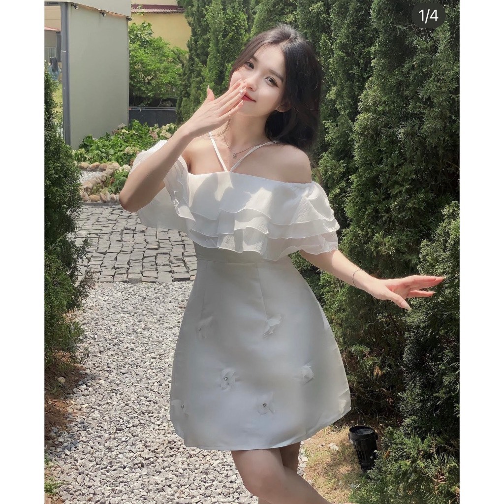 Đầm trễ vai váy trễ midi dáng siêu xinh, váy trễ vai dây yếm đính ngọc sang choảnh V249 PANOSI | BigBuy360 - bigbuy360.vn