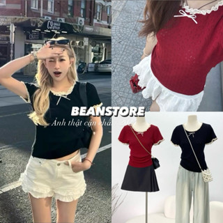  Áo Thun Nữ chất liệu Mongtoghi phối ren và Nơ Áo thun babytee ngắn tay kiểu dáng bánh bèo tiểu thu phong cách Hàn Quốc 