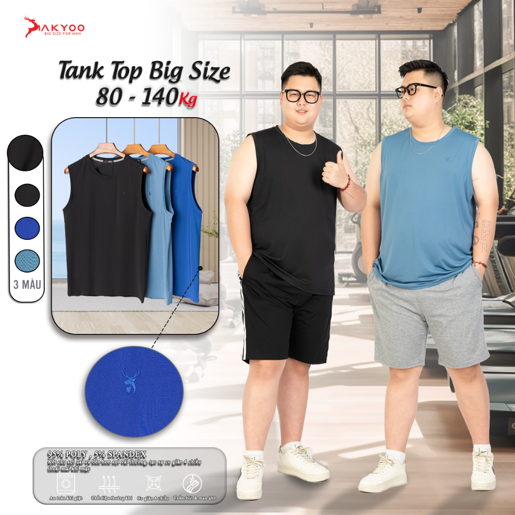 Áo Ba Lỗ Nam Big Size Akyoo 80 - 140kg Thể Thao Khỏe Khắn,Rộng Rãi Thoáng Mát,Vận Động Thoải Mái, Th