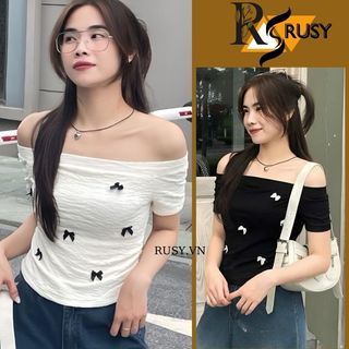 Áo thun trễ vai đính nơ chất thun xốp , áo kiểu lệch vai dáng ôm babytee rusy