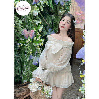 Set thiết kế 2 món đầm bí trễ vai tay phồng nơ và quần short - Chị Ba Boutique