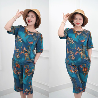 Đồ bộ trung niên, đồ bộ mặc ở nhà cho các bà, các mẹ, áo cổ tròn, quần lửng suông, chất lụa nhập co dãn nhẹ HCE 14