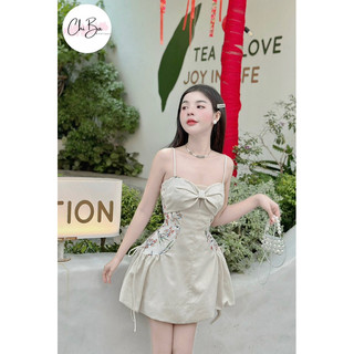 Đầm thiết kế linen xoè bí 2 dây nơ phối hoa - Chị Ba Boutique