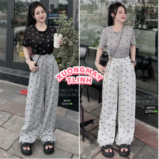 Quần suông ống rộng chất tăm hàn lạnh , Quần suông Dập in họa tiết nơ dành cho nữ, phong cách hàn quốc