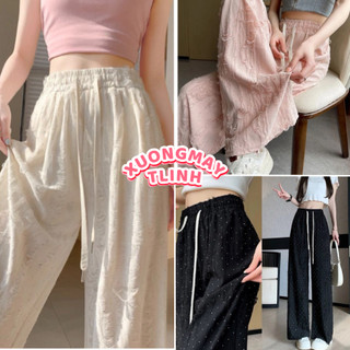 Quần suông nữ ống rộng chất đũi xước cá tính rách đính đá siêu đẹp bling, quần nữ đính đá rách cá tính