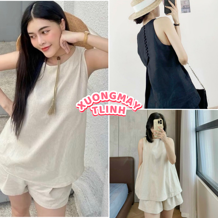 Set Bộ Nilen Nữ, Áo Sát Nách Kèm Quần Short Áo Phối Cúc Bọc Siêu Xinh - Set Bộ Đồ Nữ Sành Điệu Đi Bi
